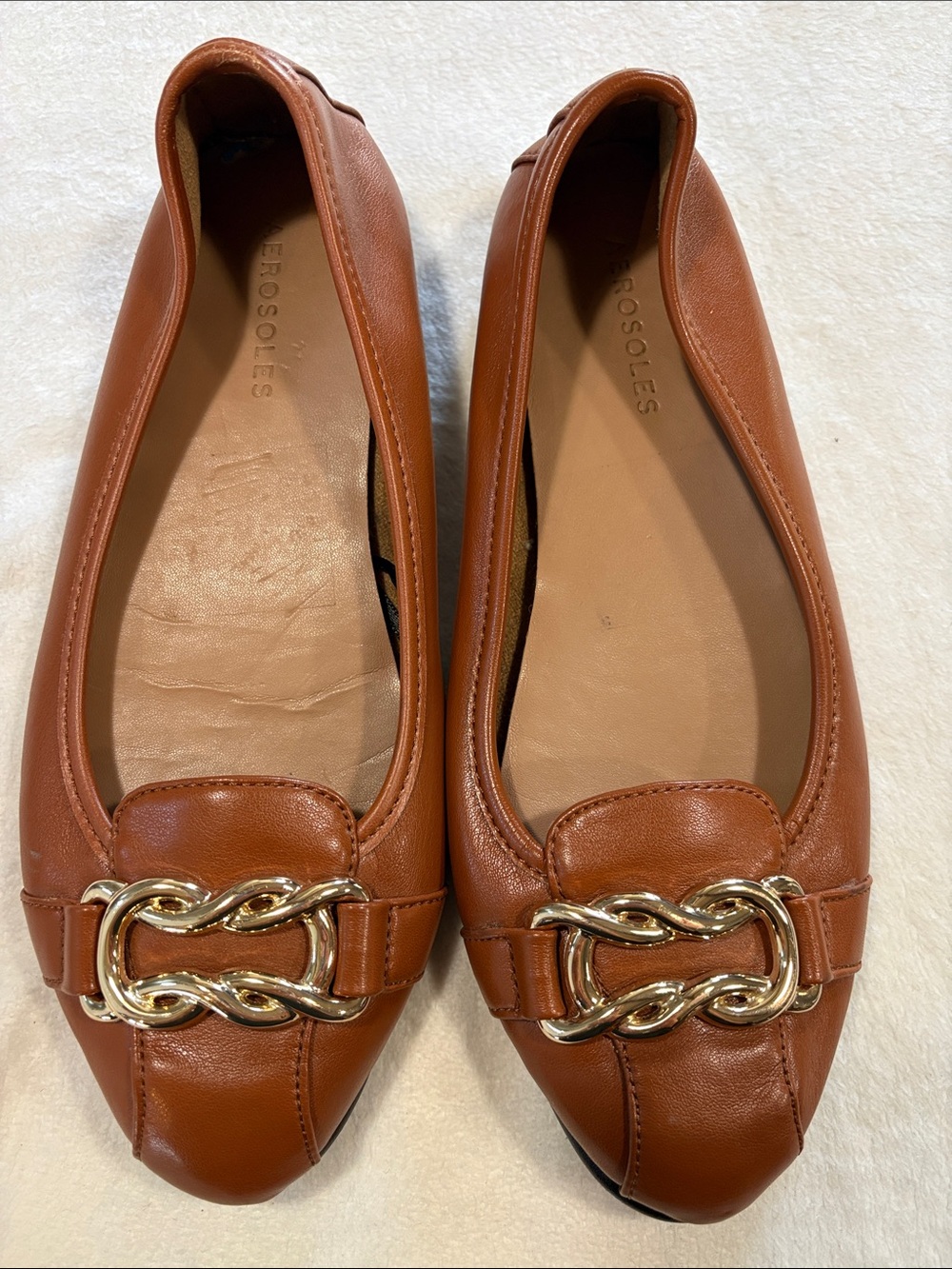 Aerosoles Cognac Brown Ballet Flats Gold Chain Hardware Size 7.5